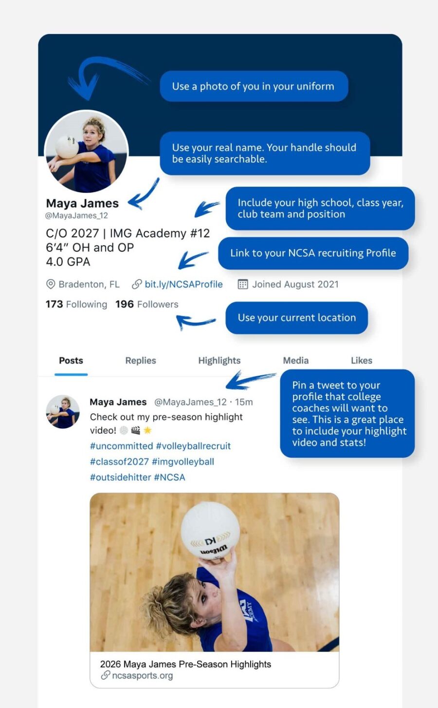 Example of an athlete social media profile on Twitter (X)